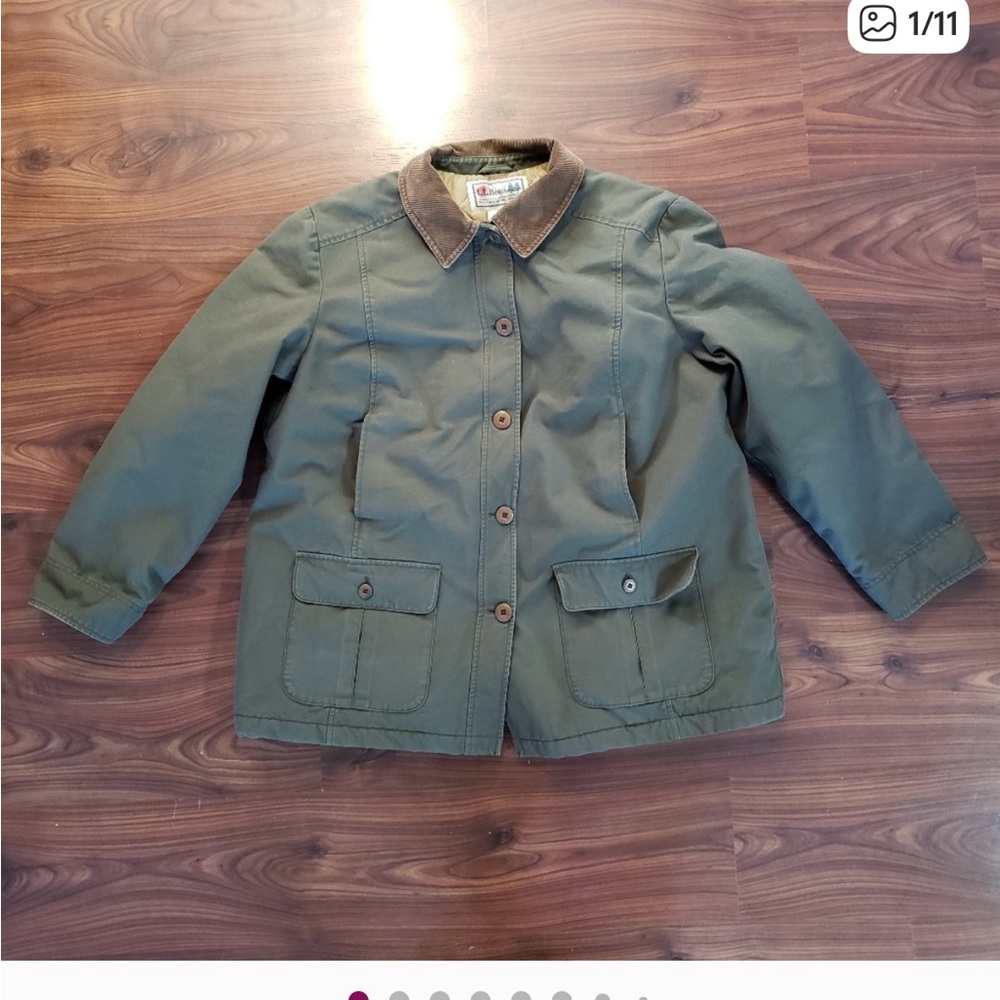 Womens XL Pet L.L. Bean Green Canvas Insulated Barn Jacket Brown Corduroy Trim
